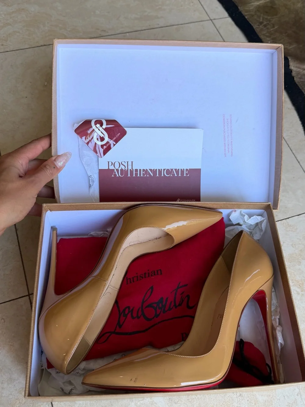 Christian Louboutin Beige Patent Leather Stiletto Pumps with Red Soles